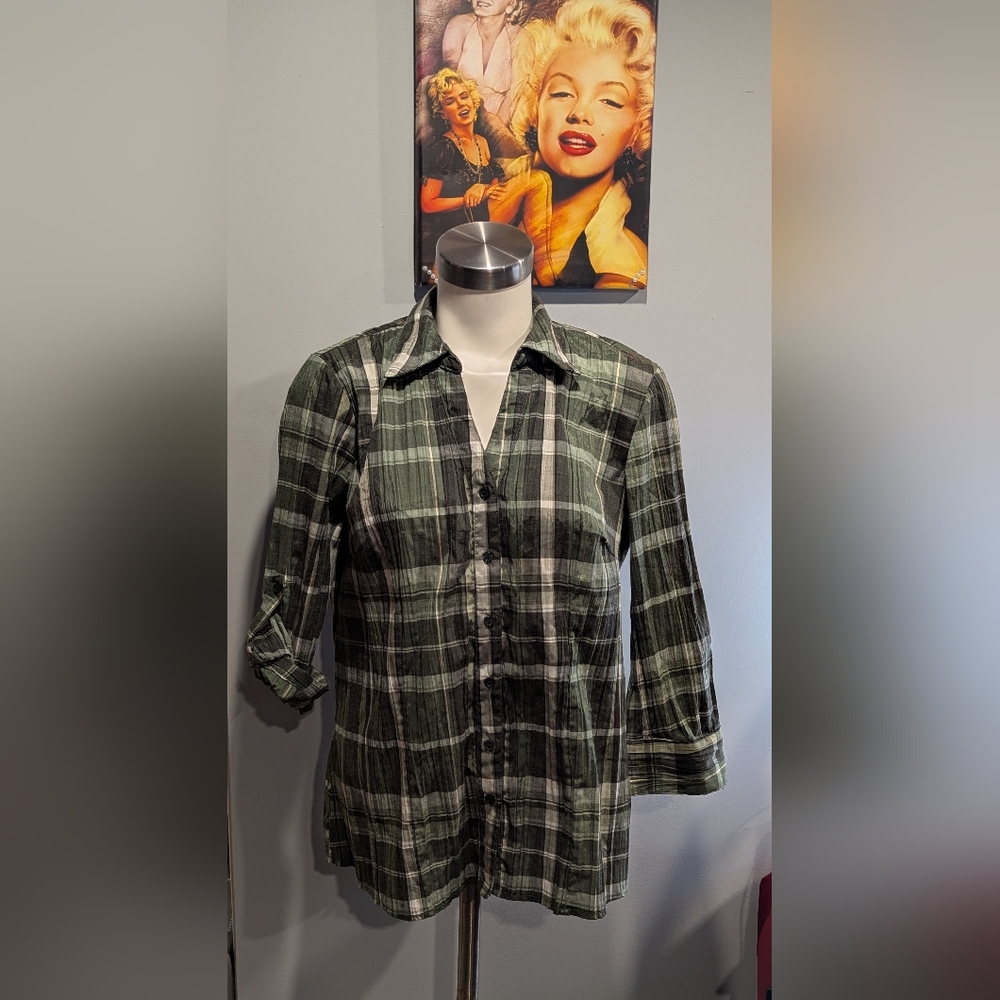 Fred David Olive Plaid Blouse